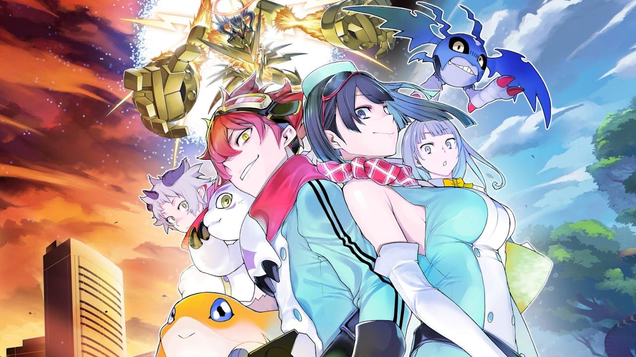 A selection of characters standing in a split between an orange and blue world in Digimon Story: Time Stranger key art