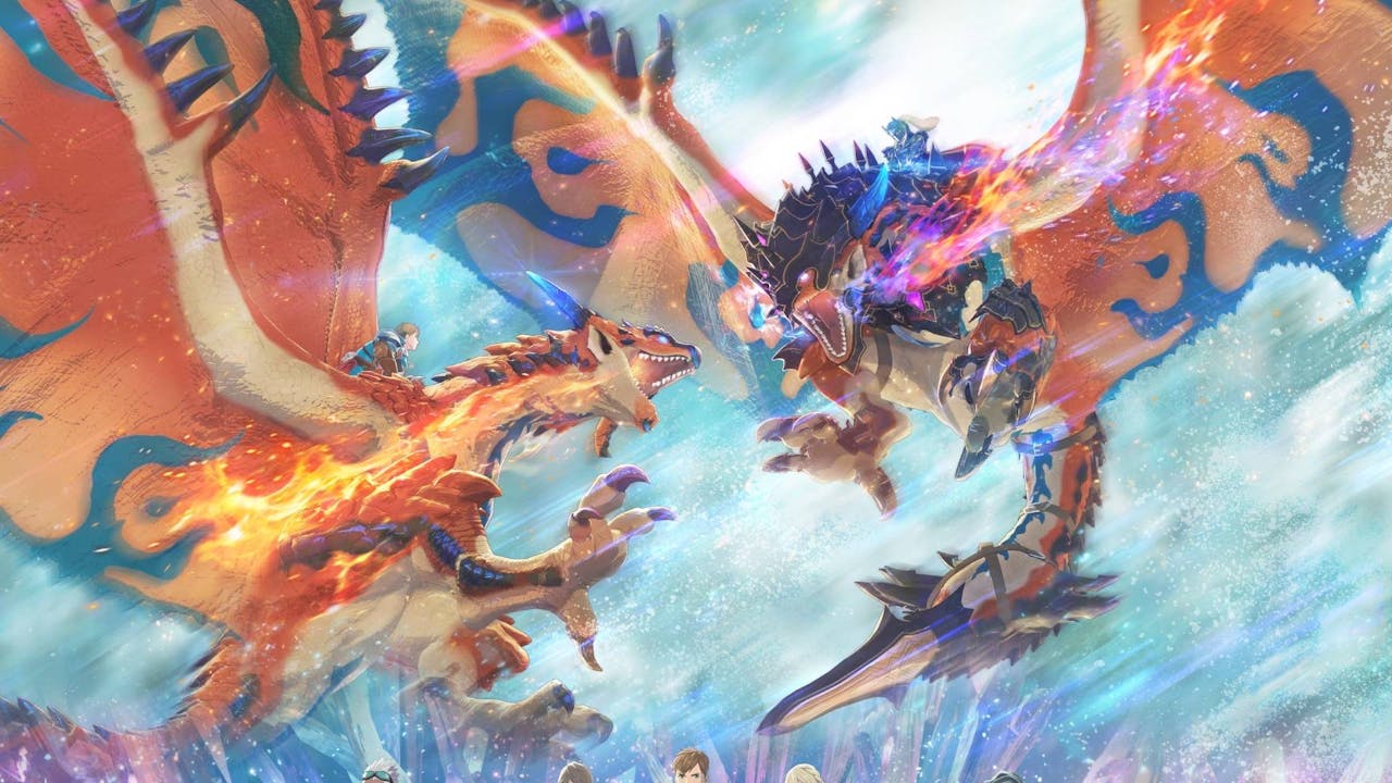Two monsters battling in key art of Monster Hunter Stories 3 Twisted Reflection