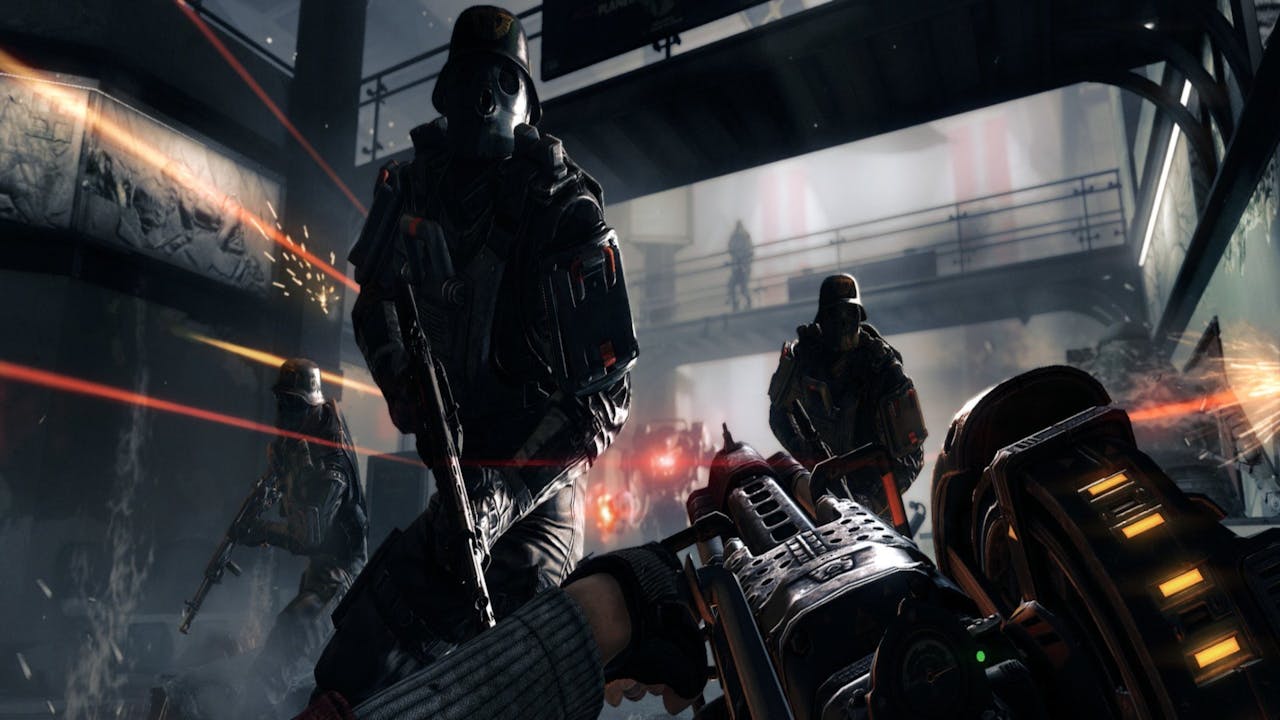 A nazi soldier standing over the protagonist in Wolfenstein: The New Order.