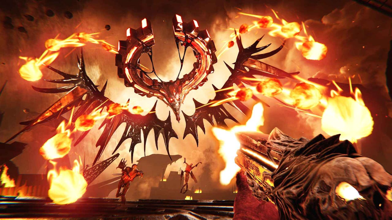 The Wheel Aspect: Archeron boss fight in Metal: Hellsinger with lots of fire blasting around.