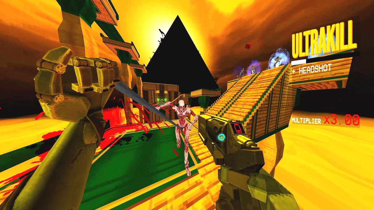 An enemy runs at the protagonist in FPS game Ultrakill.