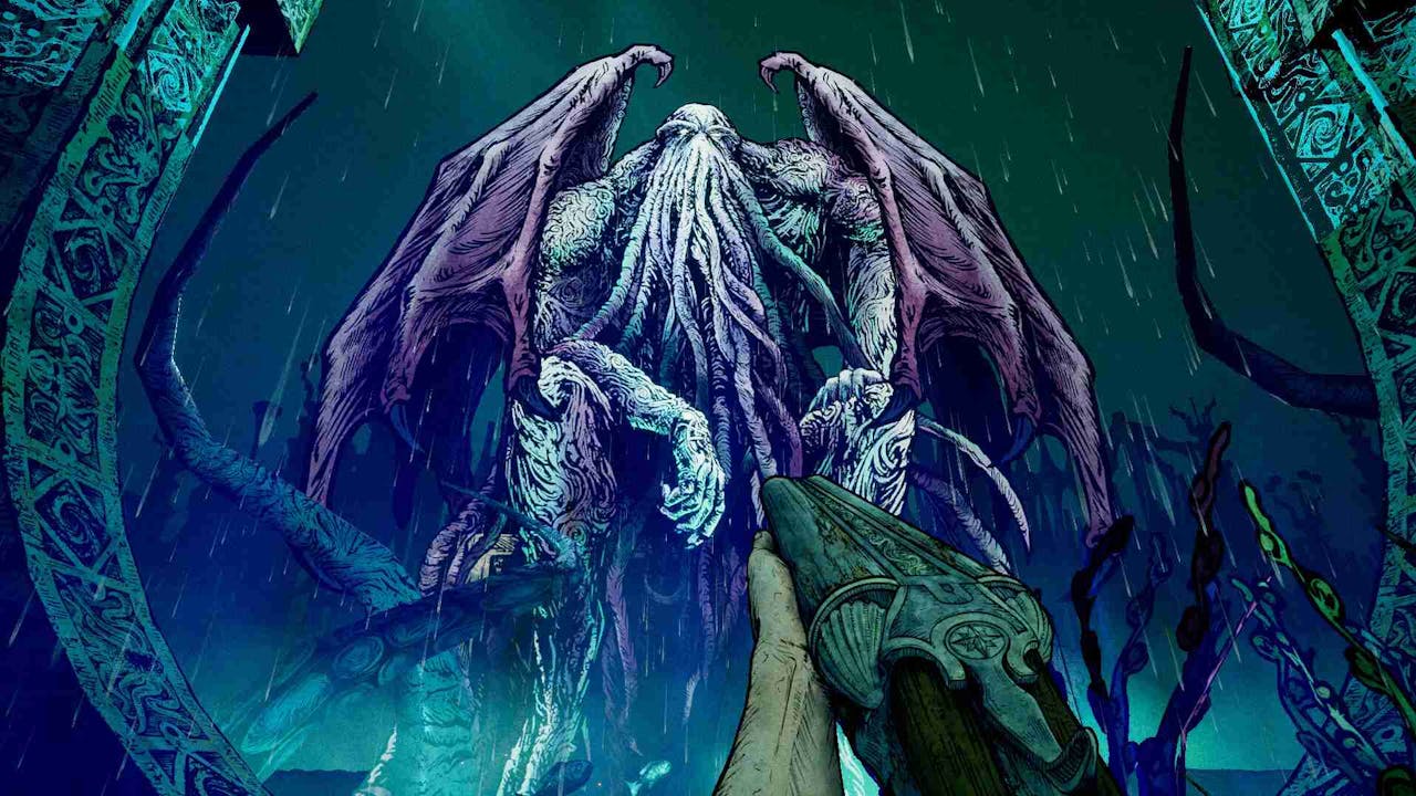 Protagonist points a gun at Cthulhu in Forgive Me Father.