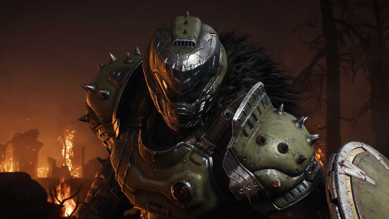 Doomguy faces front, clad in green armour and holding a shield.