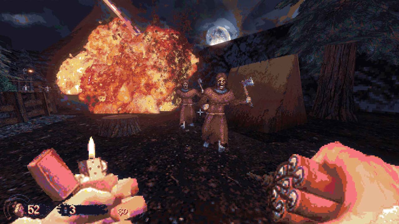 Protagonist holds dynamite and a lighter in front of Cultists.