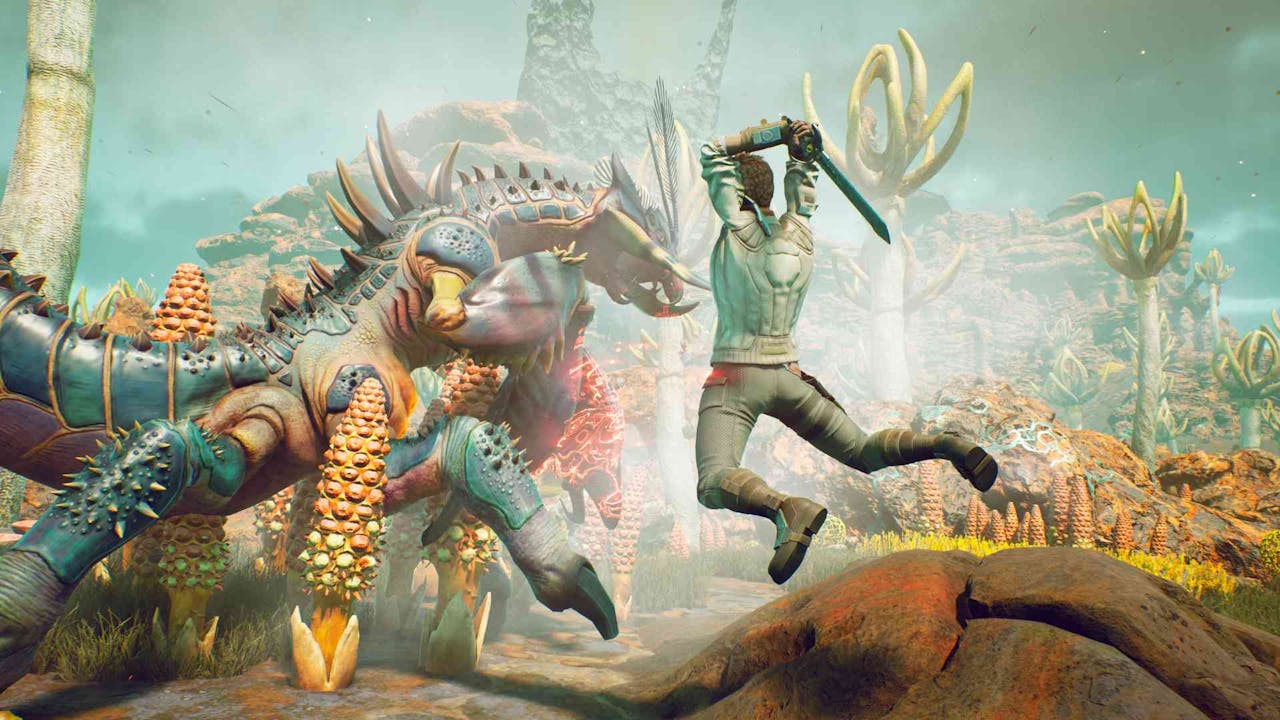 Player dives with sword swung high at an enemy in The Outer Worlds.