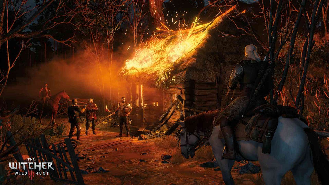 Geralt rides a horse past a burning building in The Witcher 3: Wild Hunt.