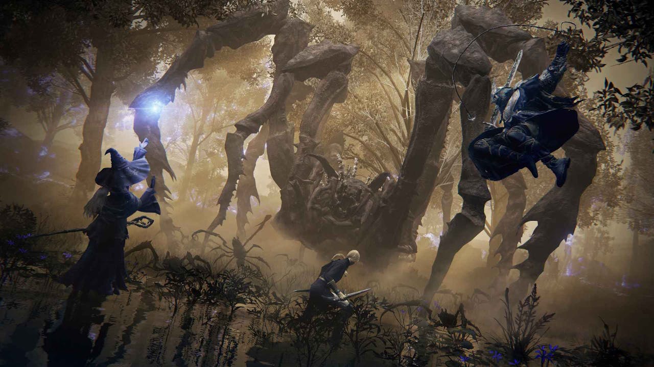 Player characters in Elden Ring fight a giant spider.