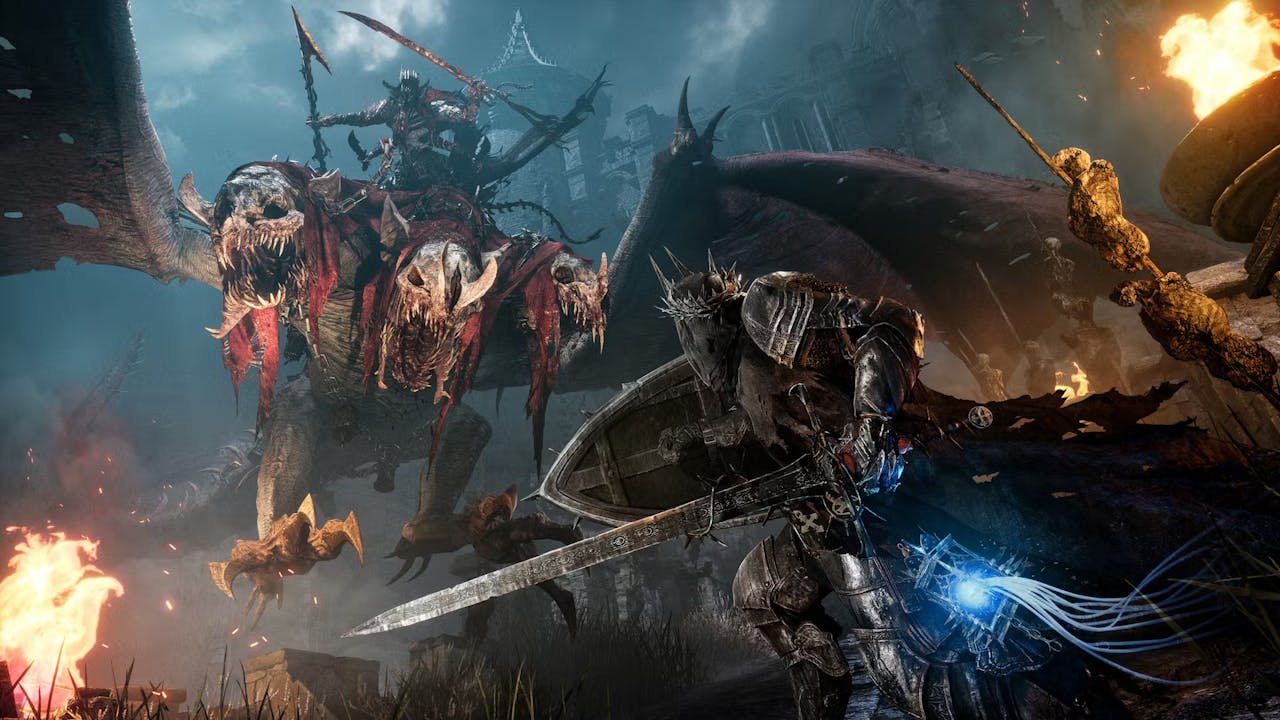 Player character battles a flying three-headed monster.