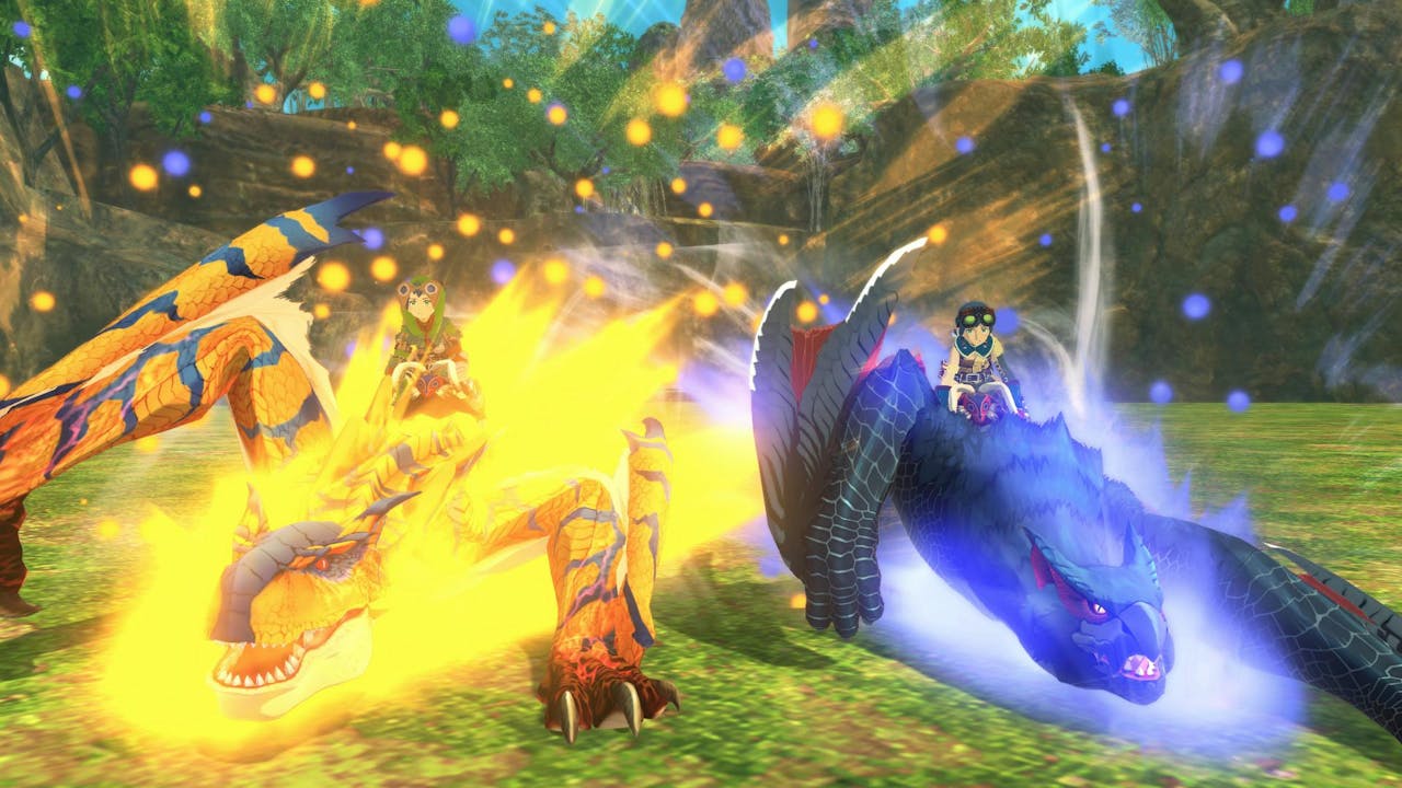 Monster Hunter Stories 2 players ride Tigrex and Nicaragua.