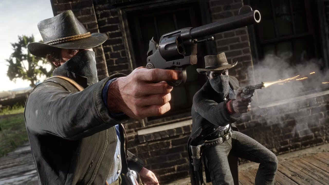 Two masked men have a shootout in Red Dead Redemption 2.