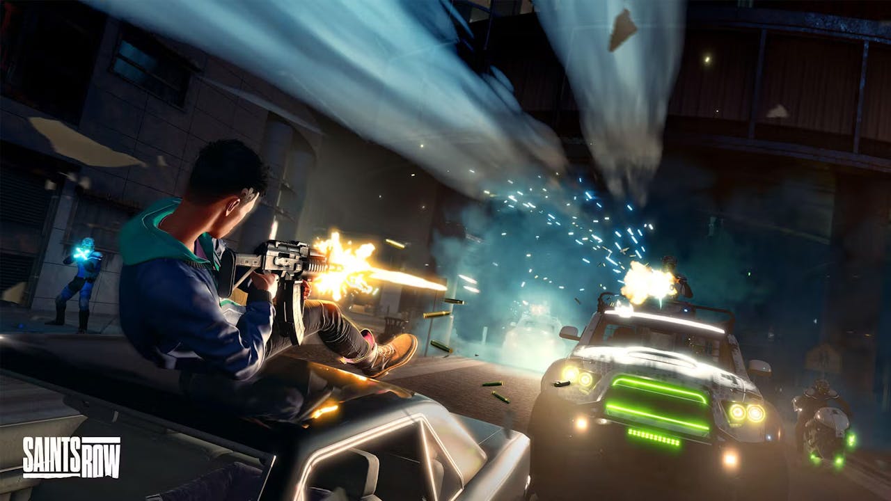 Saints Row reboot with our protagonist firing an automatic at oncoming cars.