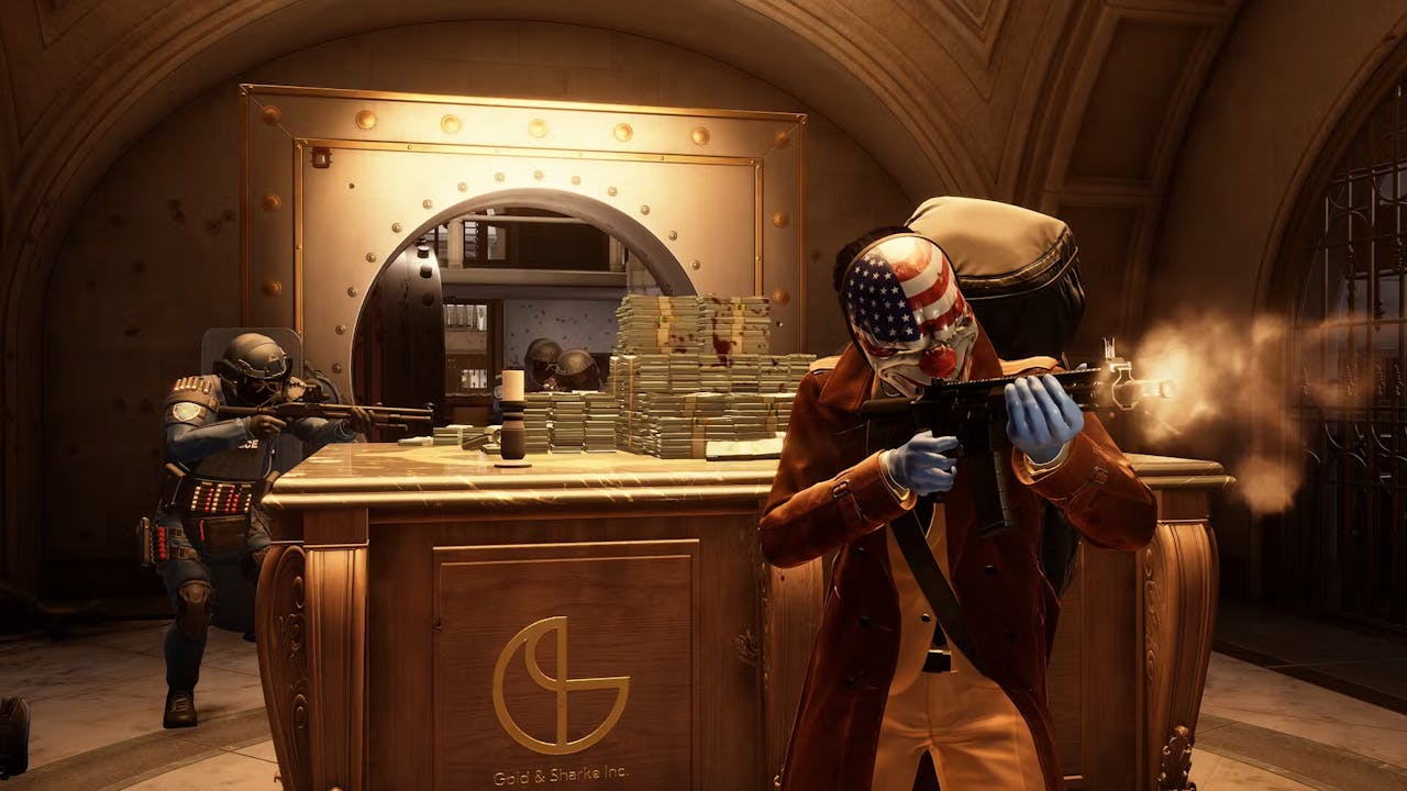 Gang members storm a vault full of money in PayDay 3.