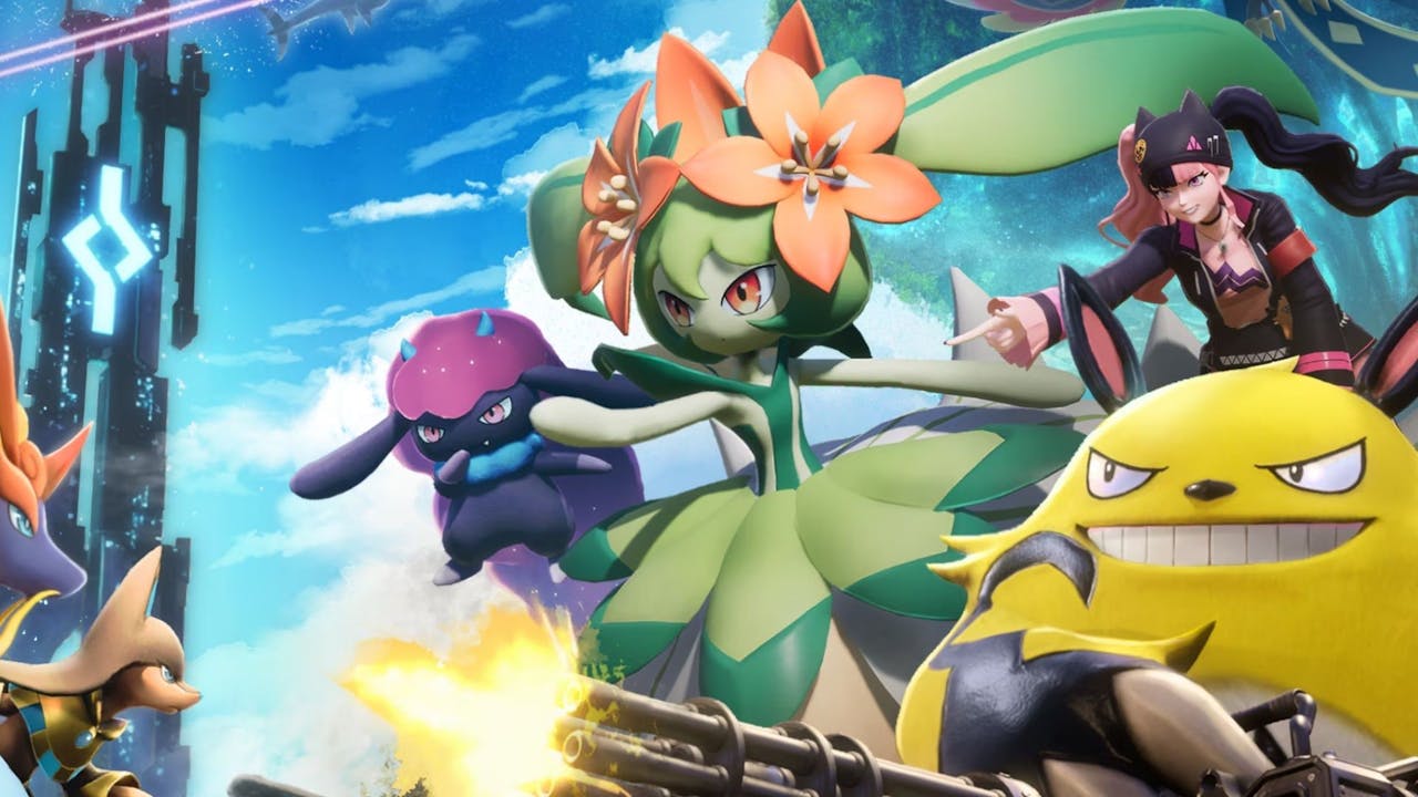 A bunch of Pals going to fight other ones in Palworld key art